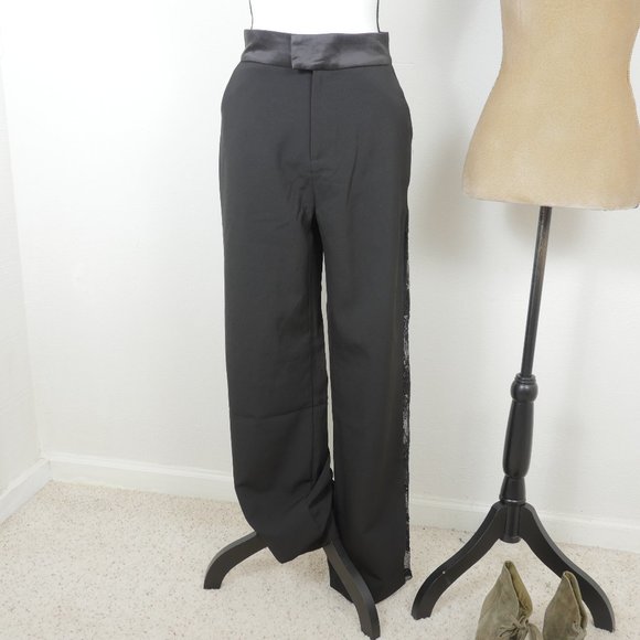 4th & Reckless Black High Waist Side Lace Trim Pockets Wide Leg SZ US 8 - Picture 1 of 9